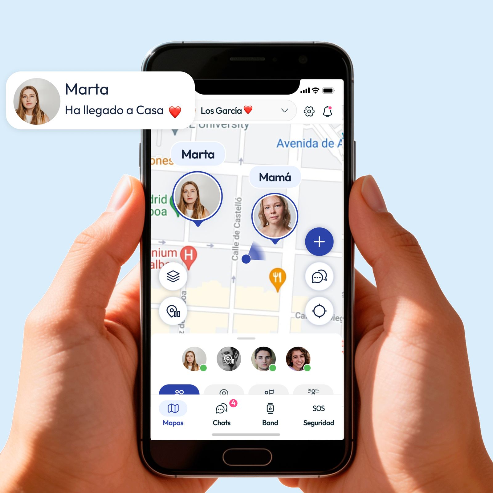 Mapa familiar de ellu con ubicación en tiempo real de mamá, papá e hija compartida en círculo privado