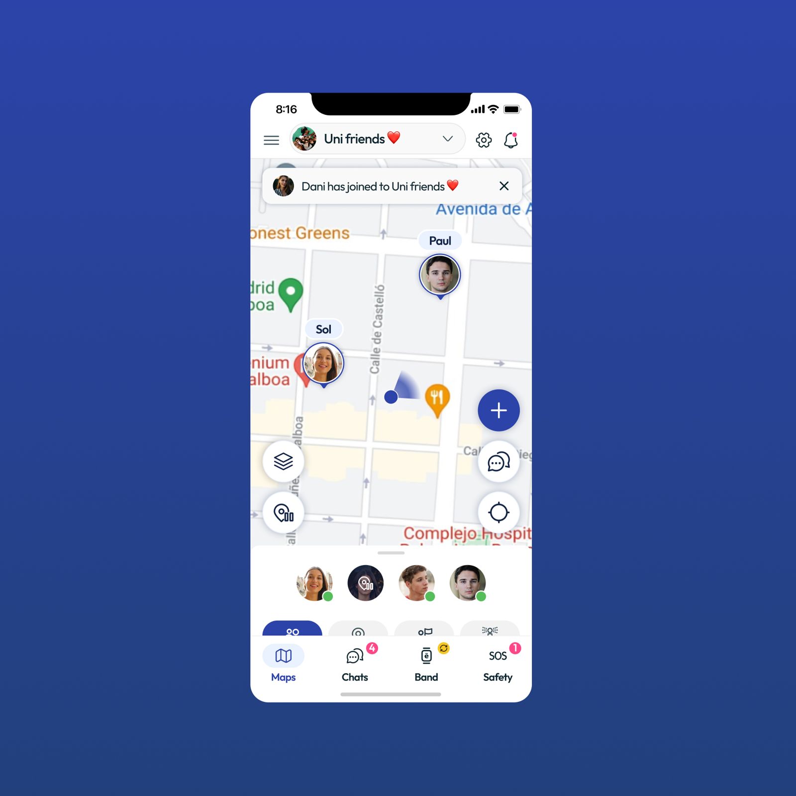 The ēllu map screen showing the real-time location of the "Uni friends" circle members, with Alba's and Marta's avatars visible over the streets of Madrid