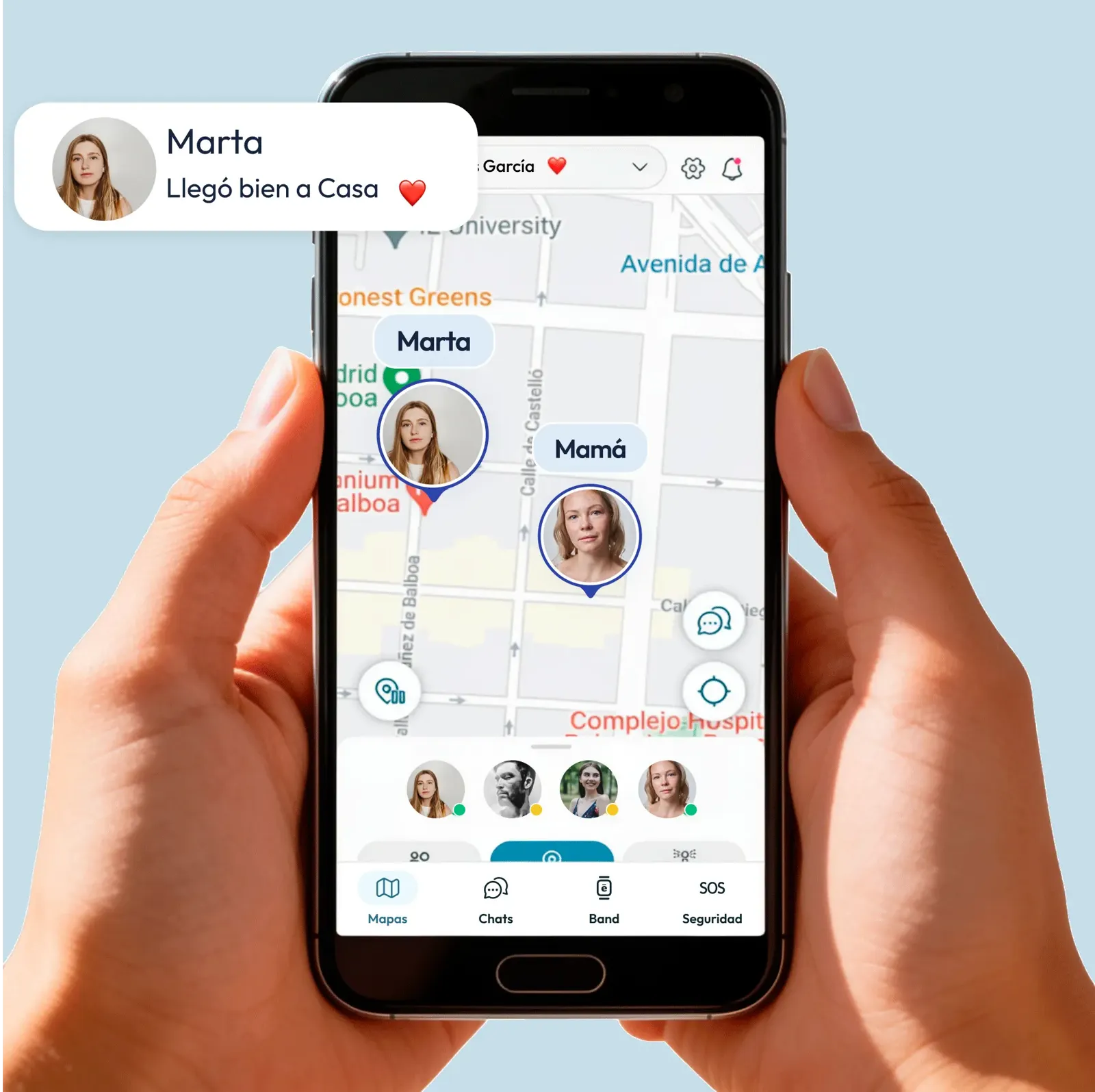 Mapa familiar de ellu con ubicación en tiempo real de mamá, papá e hija compartida en círculo privado