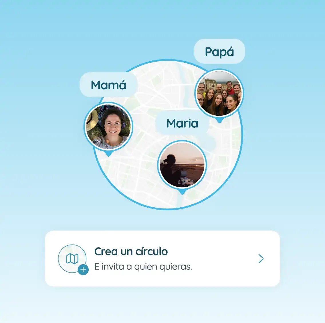 Mapa familiar de ellu con ubicación en tiempo real de mamá, papá e hija compartida en círculo privado