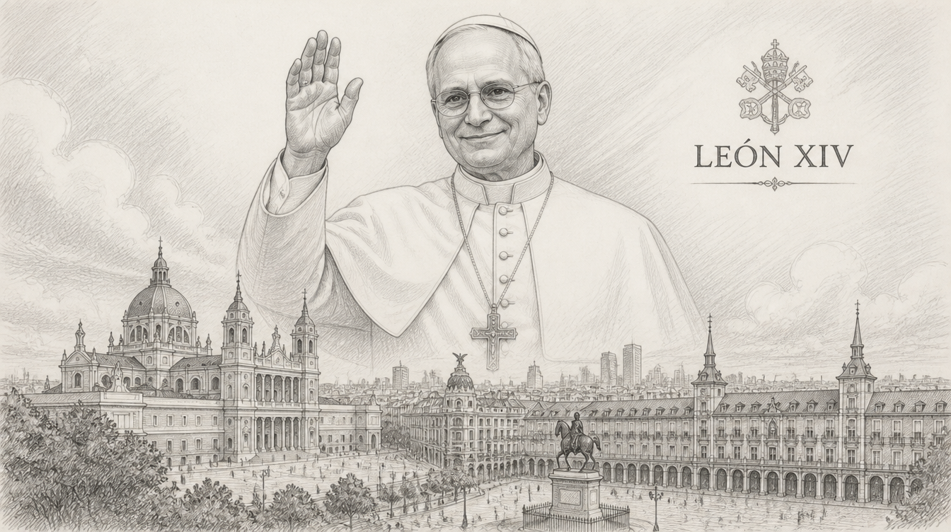 Ilustración de la visita del Papa León XIV en su visita a  Madrid