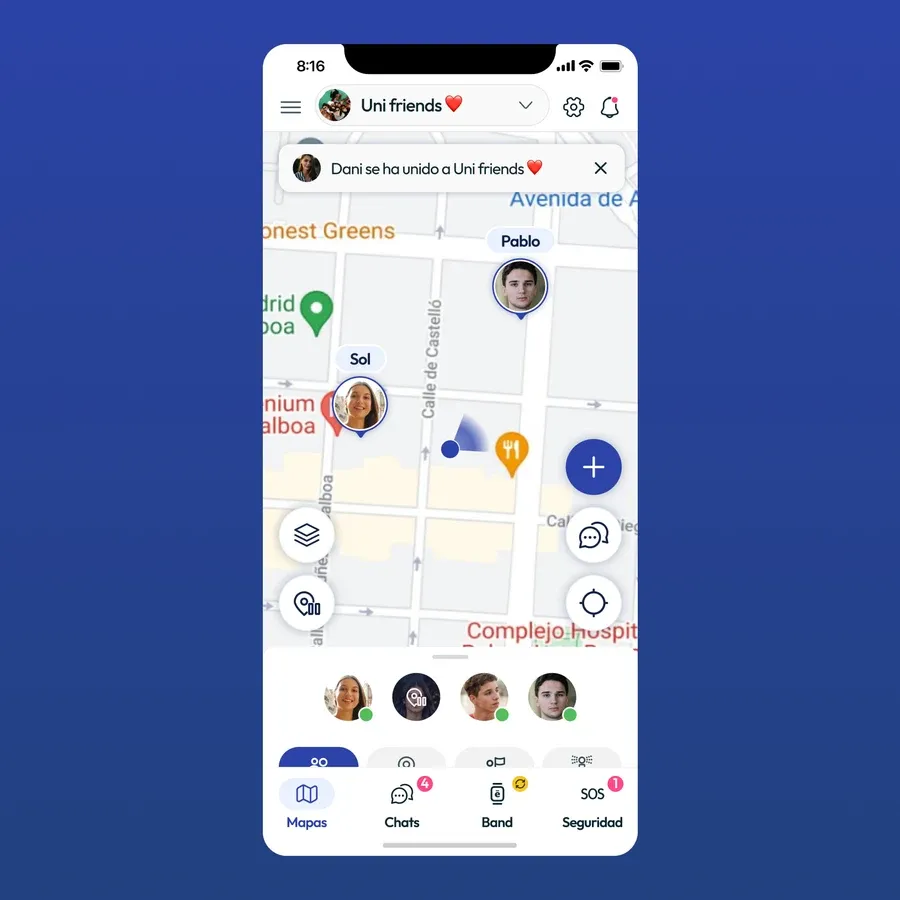 Pantalla del Mapa de ēllu mostrando la ubicación en tiempo real de los miembros del Círculo "Uni friends", con los avatares de Alba y Marta visibles sobre las calles de Madrid