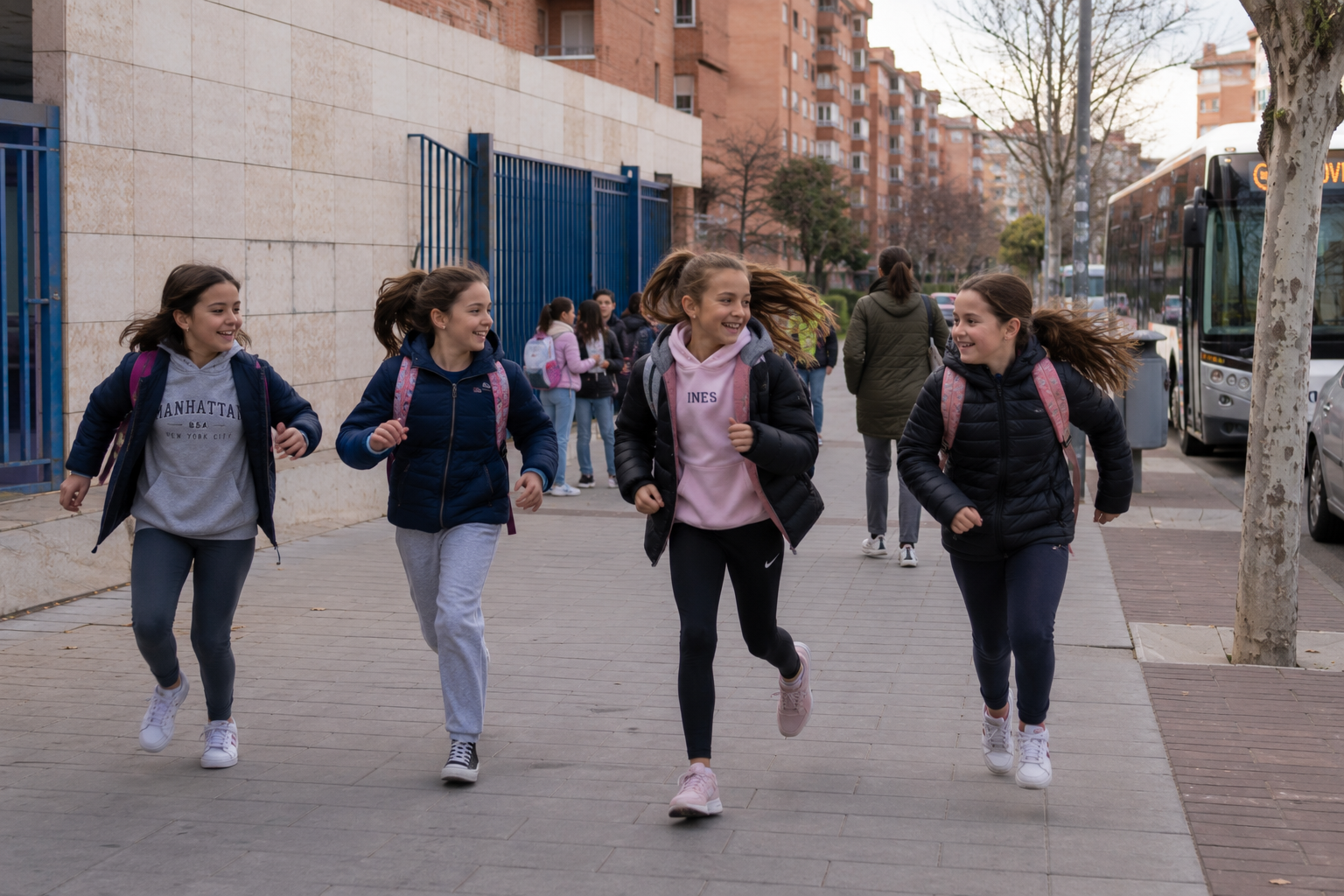 Girls leaving school walking together down the street with their backpacks, an example of an everyday moment families want to share with confidence using a family locator app