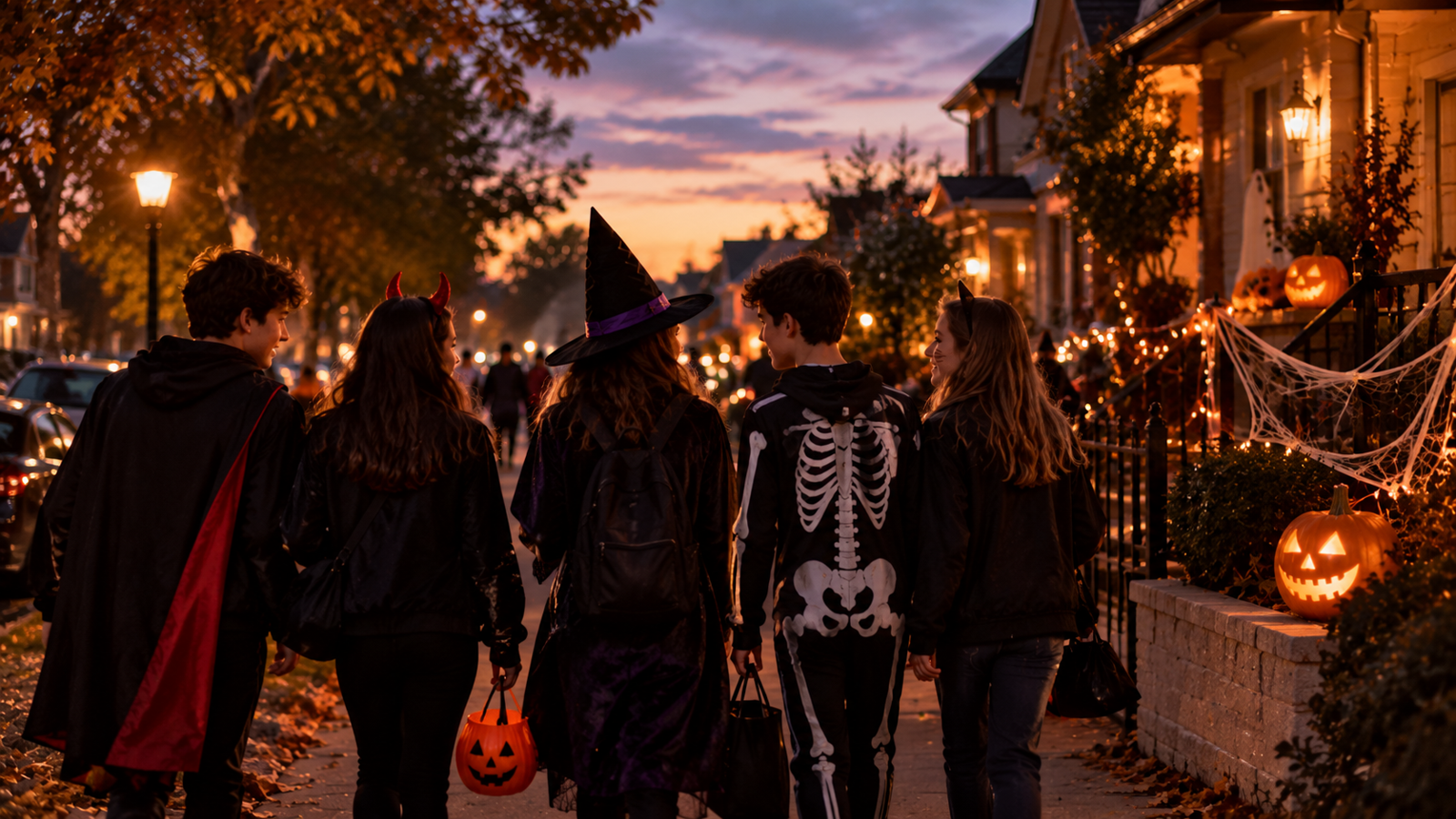 adolescentes andando por la calle en la noche de halloween