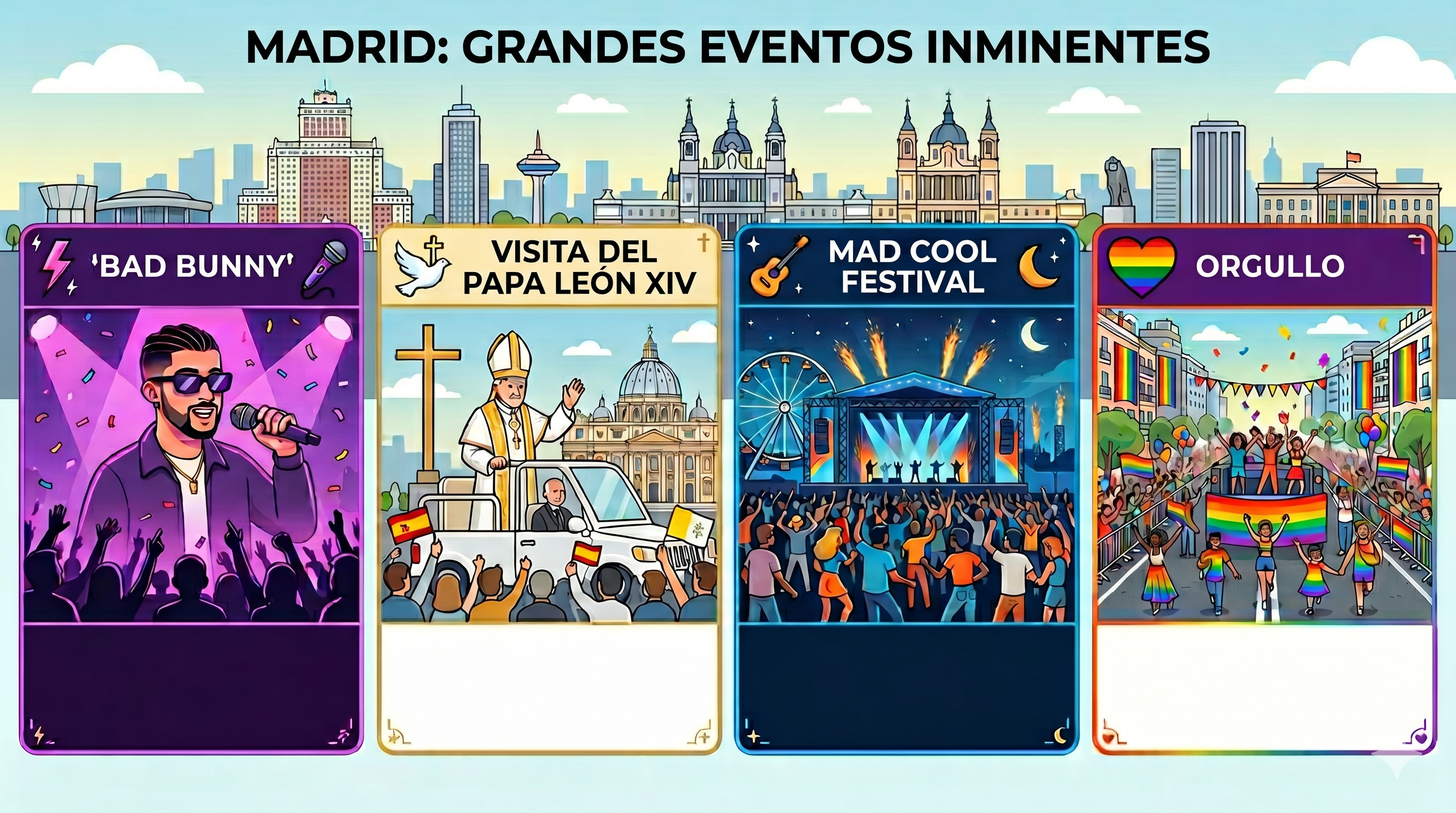Ilustraciones de cuatro eventos multitudinarios en Madrid: concierto de Bad Bunny, visita del Papa León XIV, festival Mad Cool y el Orgullo de Madrid