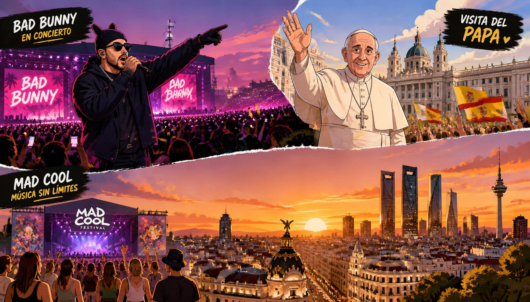 Ilustraciones de tres eventos multitudinarios en Madrid: concierto de Bad Bunny, visita del Papa León XIV, festival Mad Cool en Madrid